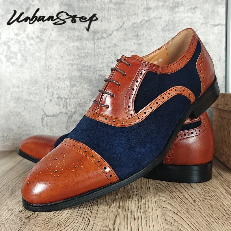 

Luxury Mens Oxford Shoes Lace Up Mixed Color Men Dress Shoes Suede Patchwork Brogue Genuine Leather Wedding Formal Shoes For Men