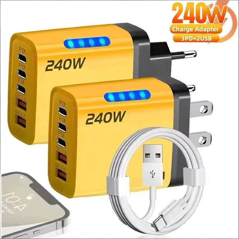 5 IN 1 240W GaN Desktop Charger For Xiaomi IPhone16 Samsung Laptop Fast Charging Adapter 10A USB To TypeC Cable 3PD 2 SB Charger