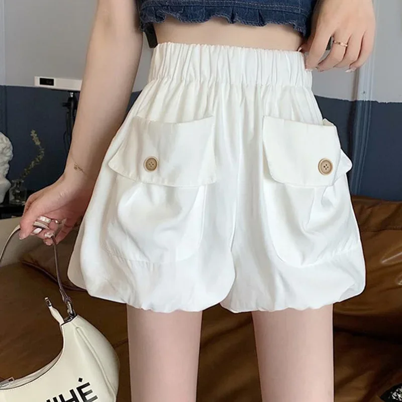 Women Clothing Korean Buttons Loose Shorts Trend Pleate Oversized Femme Casual Pocket Solid Color Elastic Waist Bloomers Z124