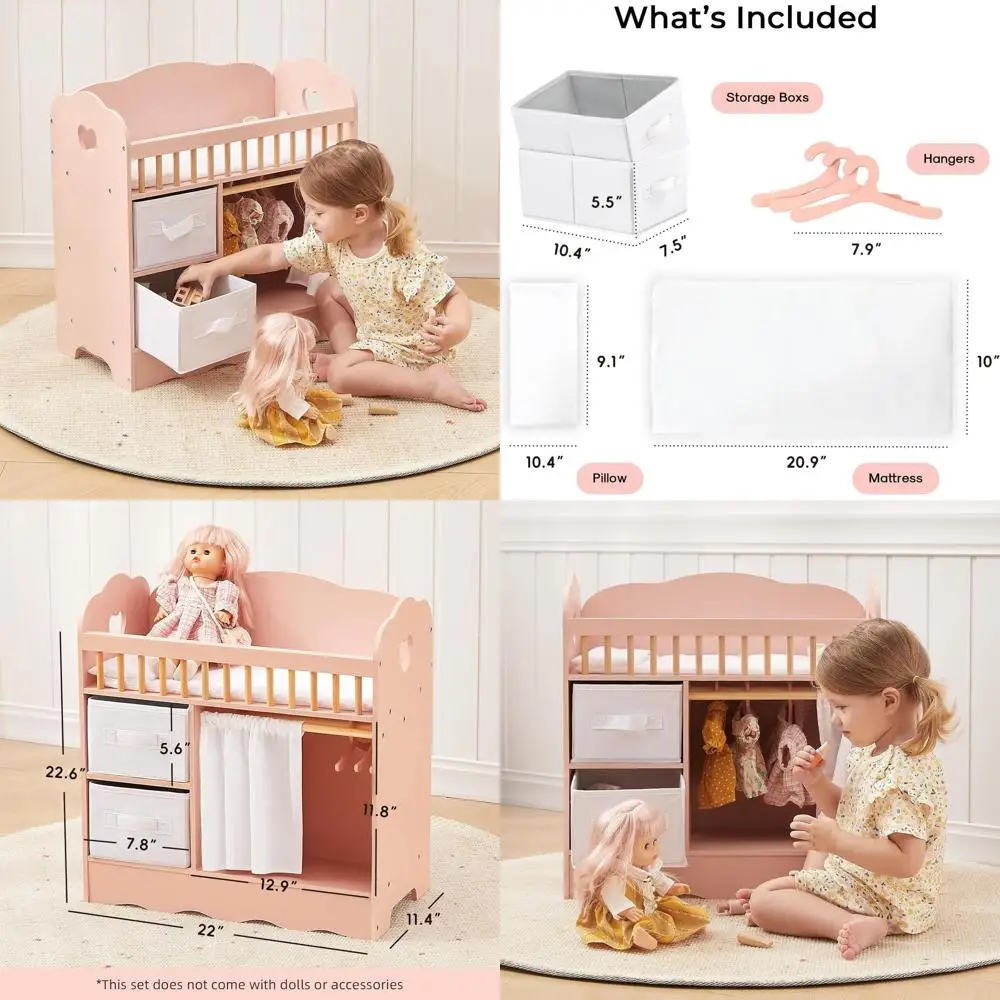 

Деревянная кроватка для кукол, пеленальный столик и игровой набор для хранения с постельными принадлежностями, подходит для кукол до 22 дюймов, розовый цвет.