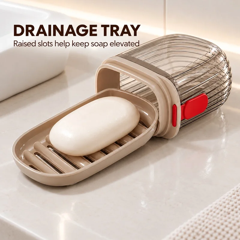 Durable PET Portable Soap Case with Drainage, Leakproof Travel Soap Dish with Clear Lid, Hygienic Compact Soap Container for Out