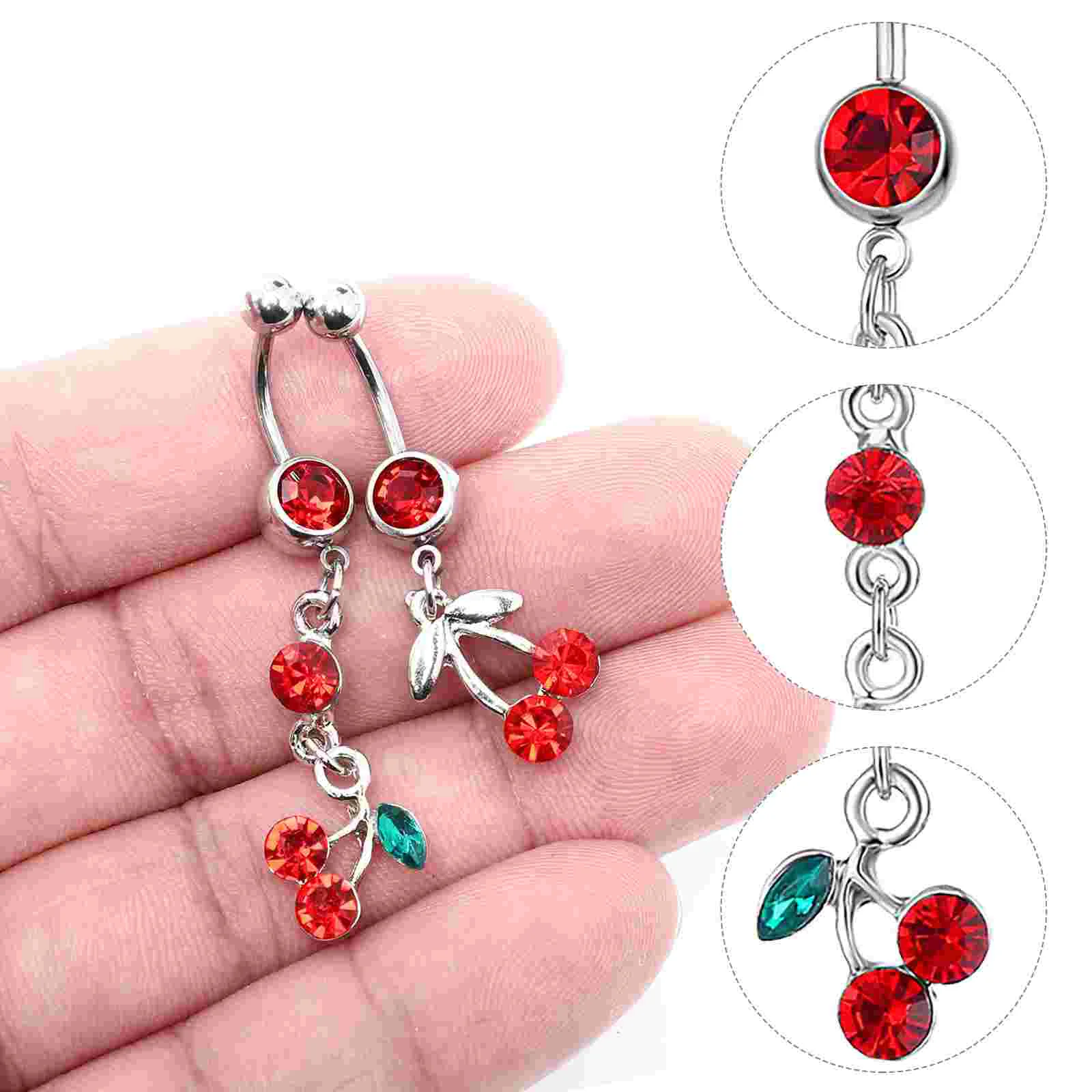 3 Pcs Fruit Cherry Navel Ring The Belly Piercing Stainless Steel Rhinestone Miss Jewelry