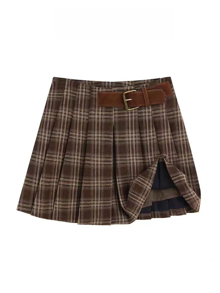 Süßer würziger Retro brauner karierter Rock Damen Herbst Winter College Sle JK karierter Ort Rock kleine Größe hohe Taille A-Lin...