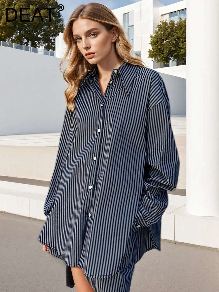 

DEAT Fashion Women's Stripe Shirt Lapel Single Breasted Contrast Color Loose Casual Cotton Blouse Autumn 2024 New Tide 7AB4683