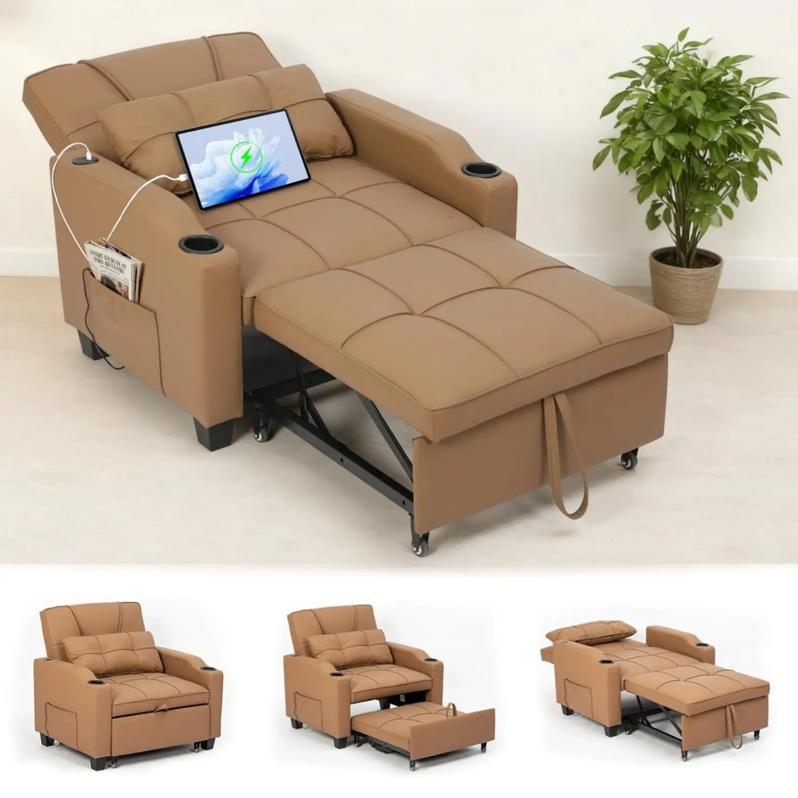 3-in-1 Convertible Sleeper Chair Bed, Modern Pull-Out Sofa with Adjustable Backrest, USB Ports, Cup Holders & Side Pockets, Space-Saving for Living Room, Bedroom, Small Spaces, Brown/Black/Gray