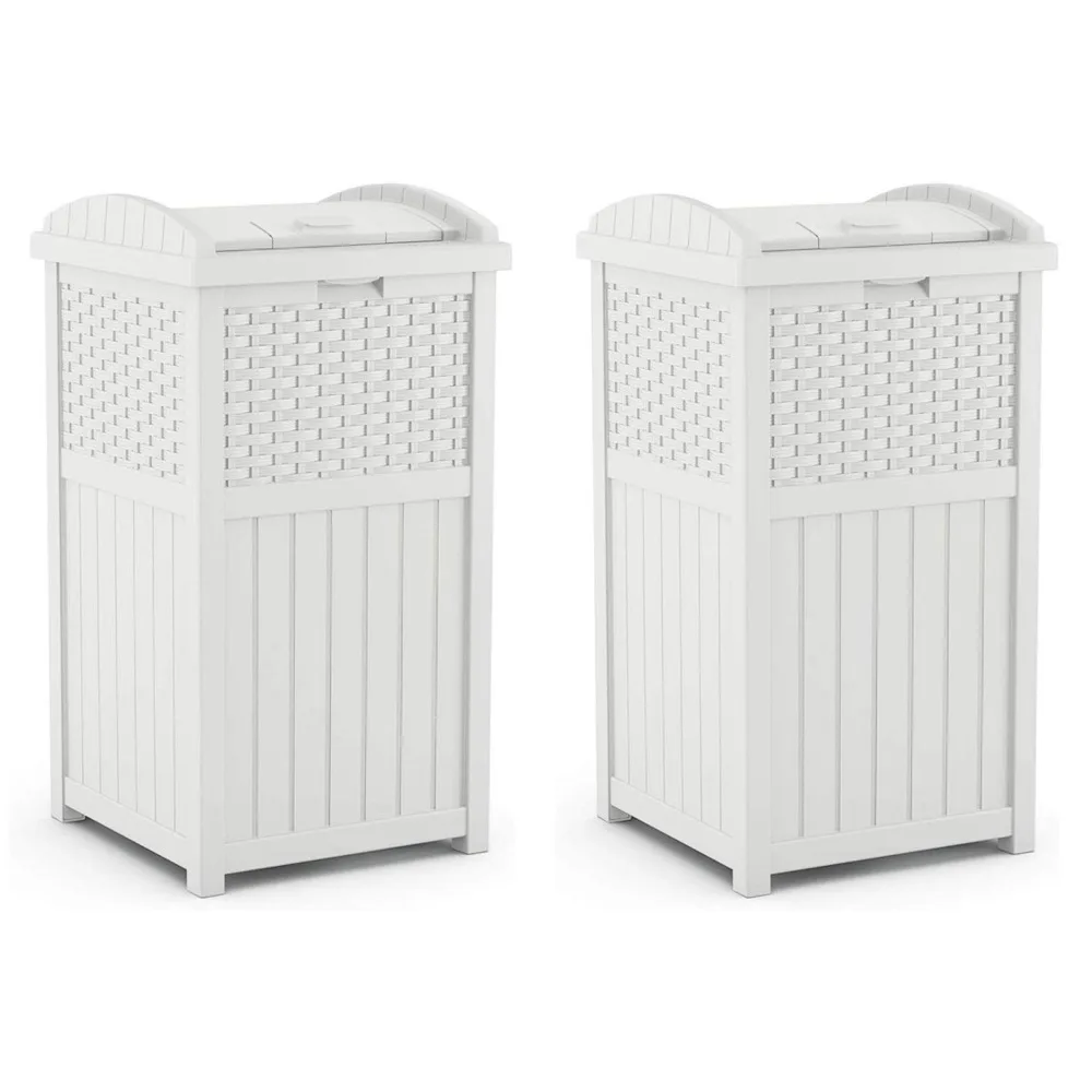 سلة مهملات من البلاستيك الخارجي سعة 33 جالونًا مع غطاء إغلاق للفناء الخلفي أو سطح السفينة أو استخدام الفناء، باللون الأبيض (2 عبوة) #1