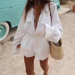 BAMBOOBOY Summer Long Sleeve Lace Up Casual Women Playsuit Fashion High Street Pocket White Cotton Linen Loose Shorts Romper