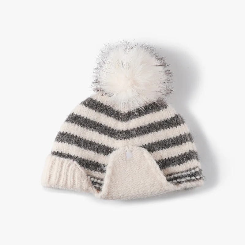 Women Striped Knit Beanie With Bear Ornament, Cuffed Thick Pom‑pom Warm Pull‑on Yarn Hat For Autumn Winter