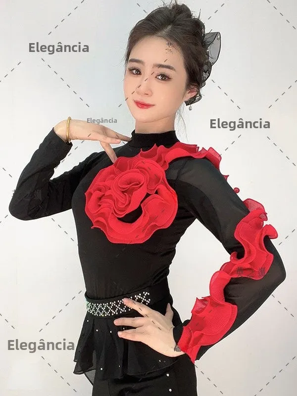 スリミングスクエアダンスワンピース長袖スタンドカラーダンス衣装女性のフィットネスヨガスポーツウェア英国スタイルの花