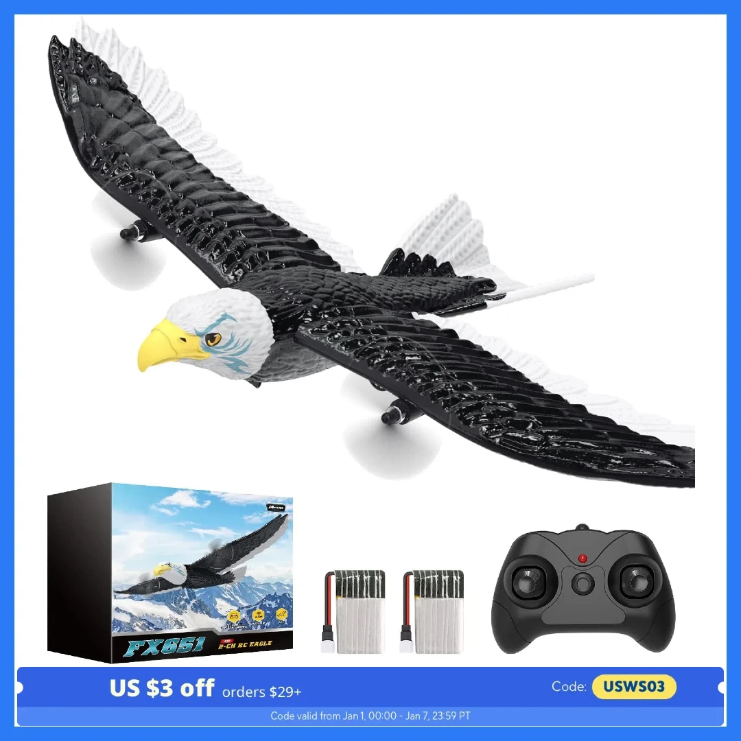 DEERC FX651 RC Eagle Plane: 2.4GHz, 2CH, 2 Batteries, Propeller, 6-Axis Gyro, Easy Fly,C0.