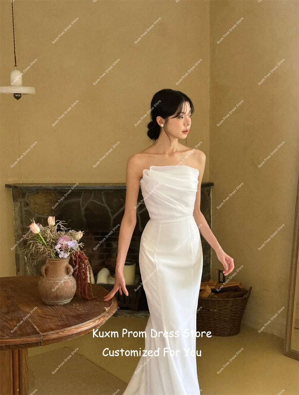Kuxm Fashion Vestidos de Novia Corte A, Sin Tirantes, Elegantes, Modernos, Sin Mangas, Vintage, con Muchas Reseñas de Clientes Coreanos, Personalizables