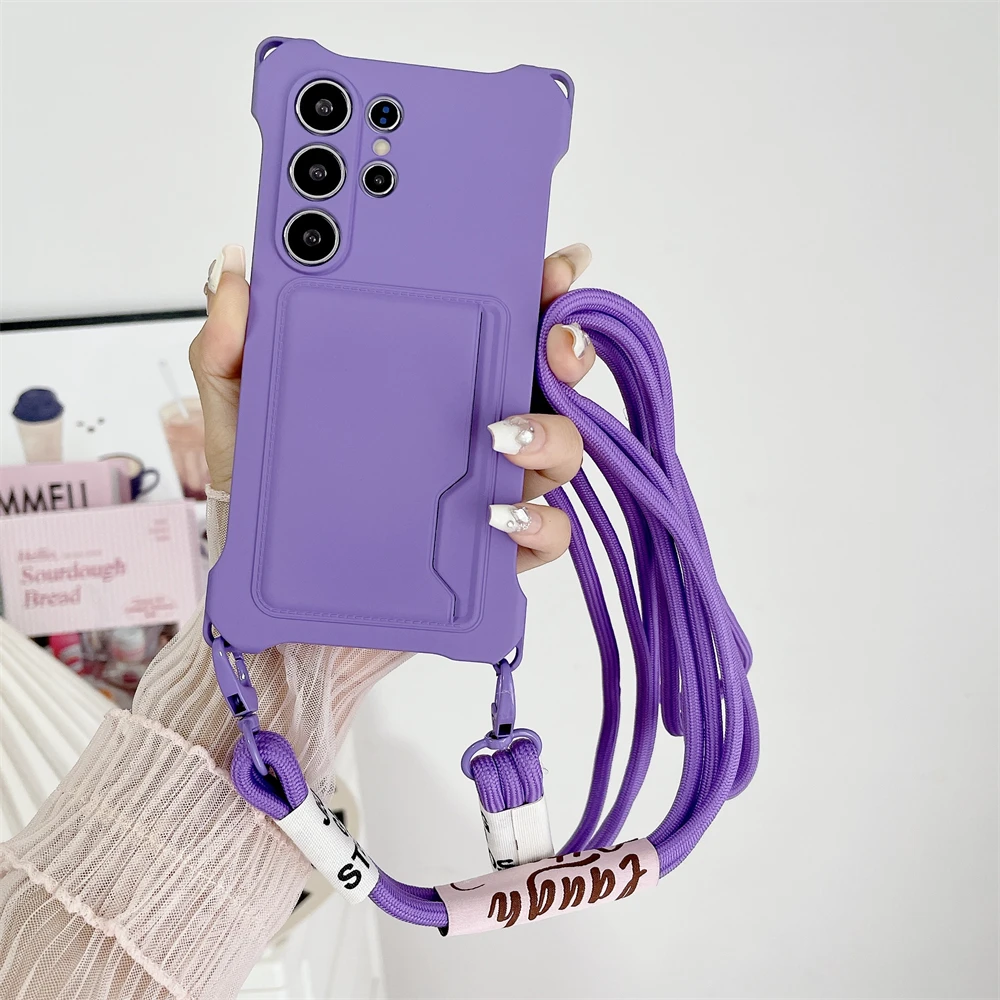 Luxury Crossbody Lanyard Strap Original Silicone Card Holder Case For Samsung S25 S23 S24 Ultra S22 FE A54 A53 A34 Wallet Cover