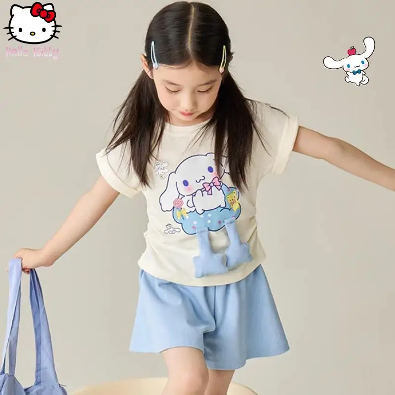 

Летний комплект с героями мультфильмов Cinnamoroll для девочек, детский новый кавайный аниме, модные шорты с короткими рукавами, домашняя одежда, мягкая, приятная для кожи