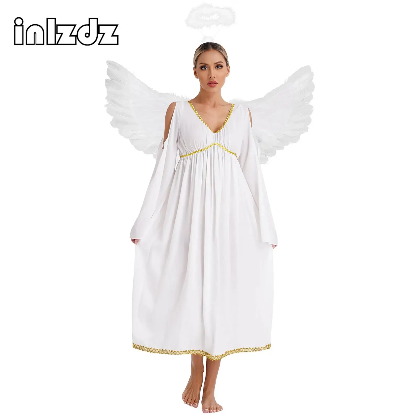 

Halloween Angel Costume Outfits for Woman White Angel Gown Maxi Dress with Headband and Feathers Wing Set Fancy Party Dress Up