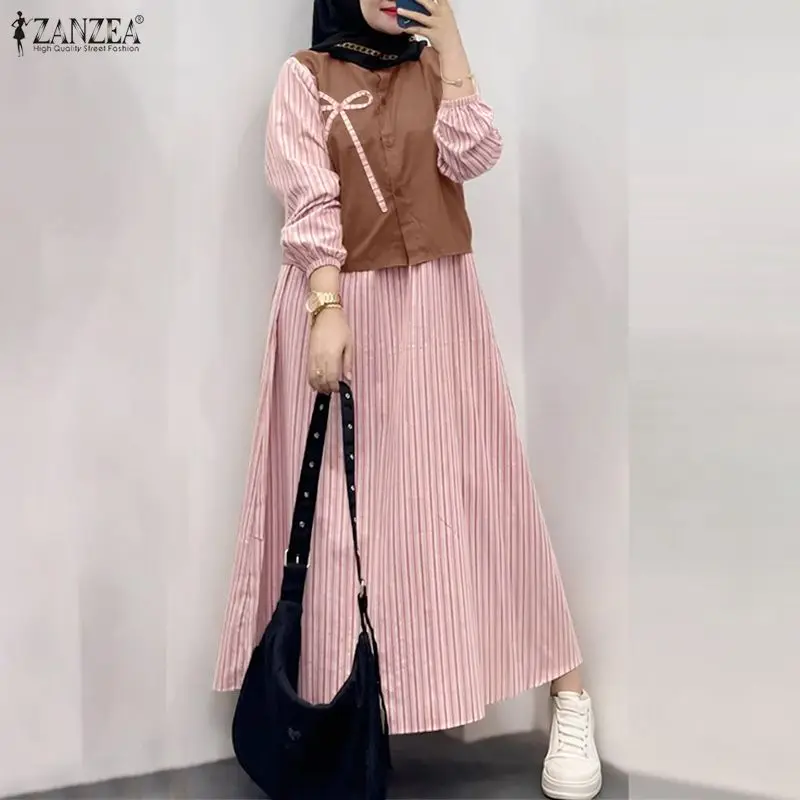 ZANZEA 女性パッチワークイスラム教徒アバヤドレス春マキシロングドレスカジュアル長袖ストライプサンドレスラマダンローブカフタンイスラム教徒