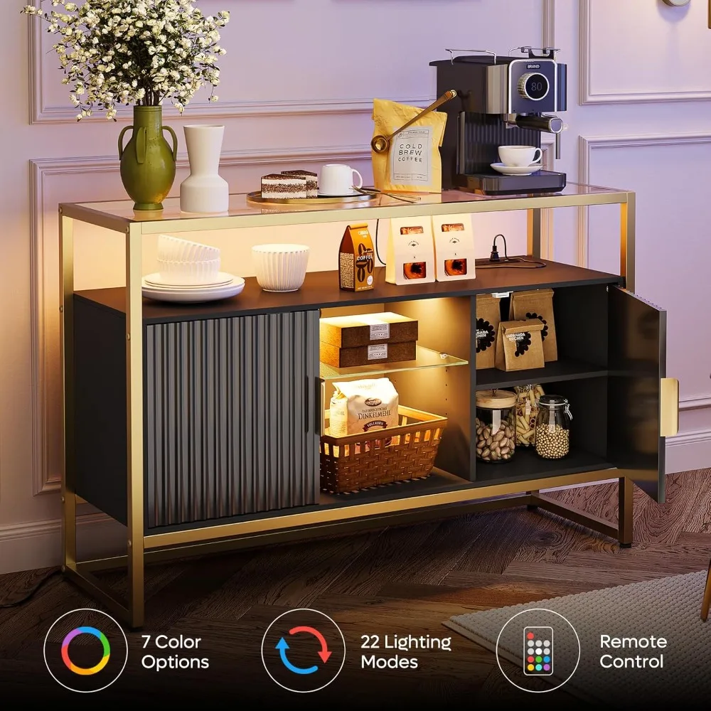 ตู้บาร์กาแฟ Bestier พร้อมเต้ารับไฟฟ้า, ตู้ไซด์บอร์ดบุฟเฟ่ต์ 47 ซม. พร้อมที่เก็บของ, ชั้นวางกระจก และไฟ LED, ตู้บาร์ลายร่อง