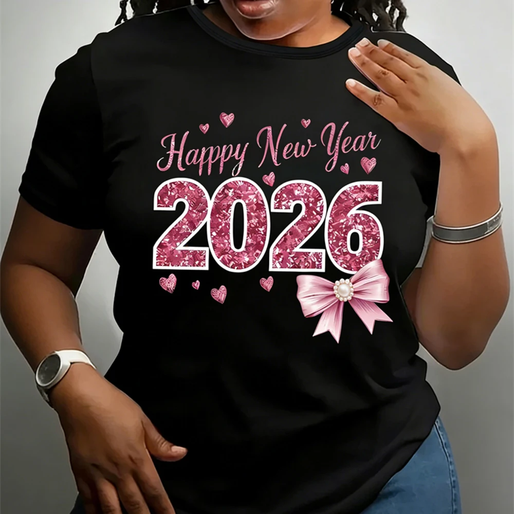 

Футболка с розовым бантом и принтом «С Новым годом» для женской одежды, повседневные повседневные уличные футболки с короткими рукавами, свободная модная футболка 2026 года