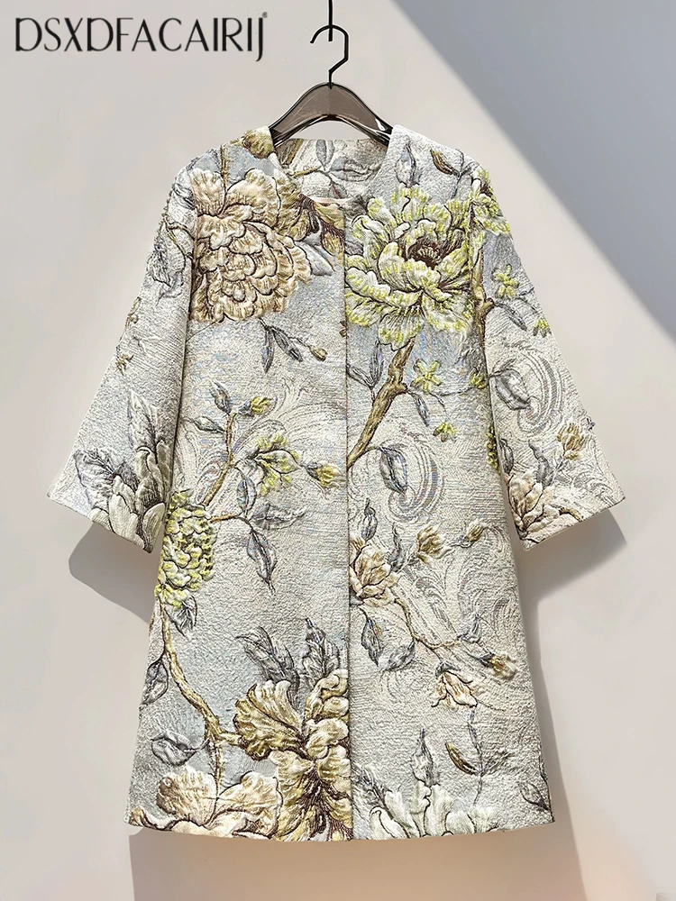 DSFACAIRIJ Women's Vintage Jacquard Coat with Concealed Buttons O-Neck 4/3 Sleeves Pockets Beading Detail Early Autumn Outerwear