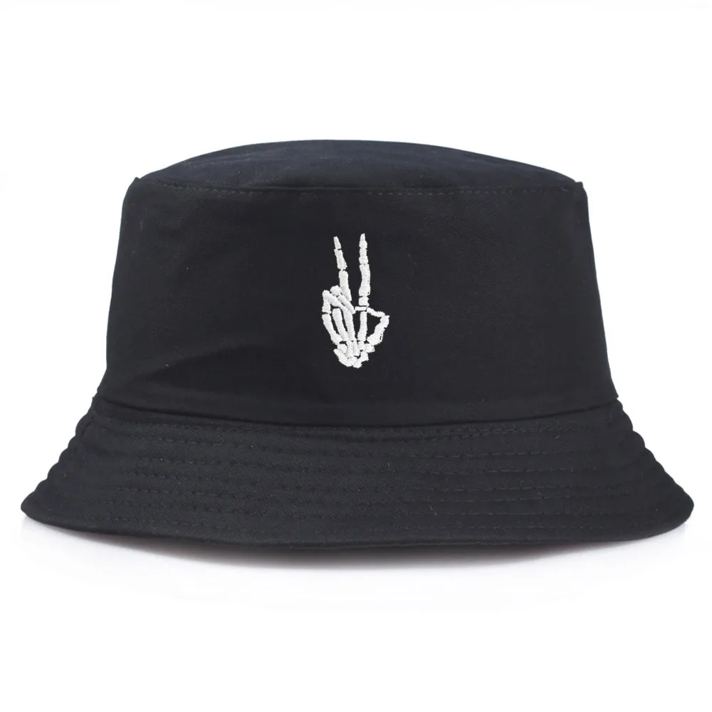 Bucket Hats Skeleton gesture Embroidery Solid Color Men Women Fisherman Cat Cotton Anti-sun Hats Bob Vintage Summer Panama Hat