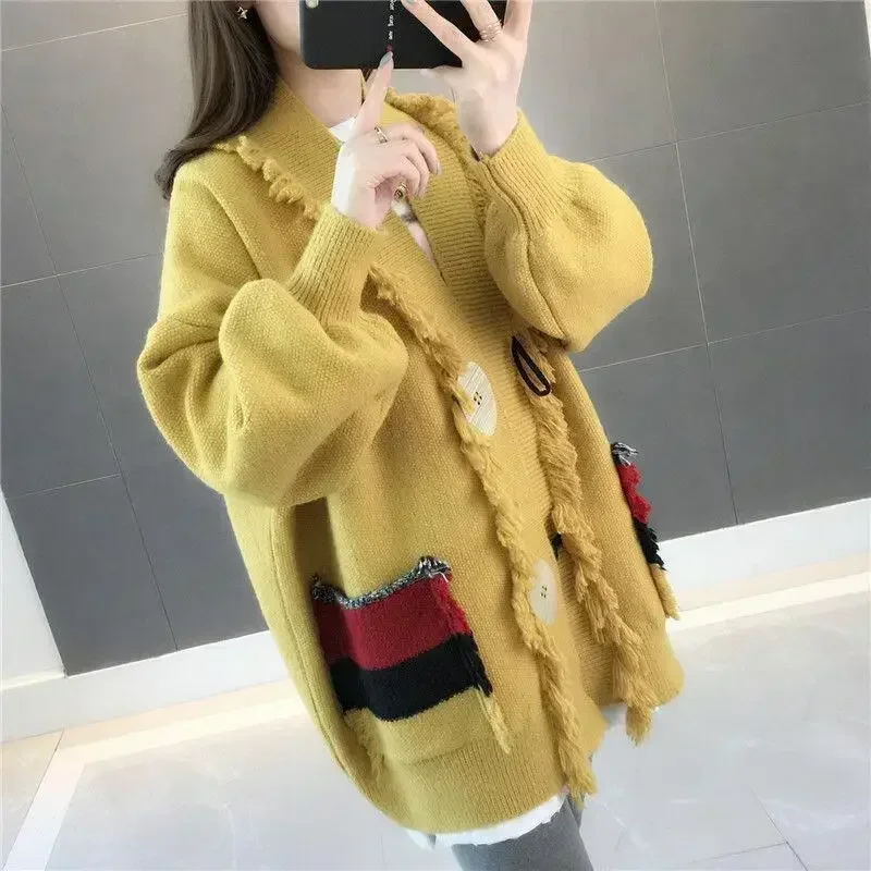 Knit Tops for Woman Striped Yellow Winter Button Women's Sweater Cardigan Jumper New Knitwear Korean Fashion 2024 Collection In