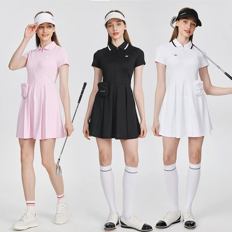

AW Golf Women's Short-sleeved Polo Dress Half Zipper Slim Sports Short Dresses French Style Ladies Tennis Knee-high Golf Skirts