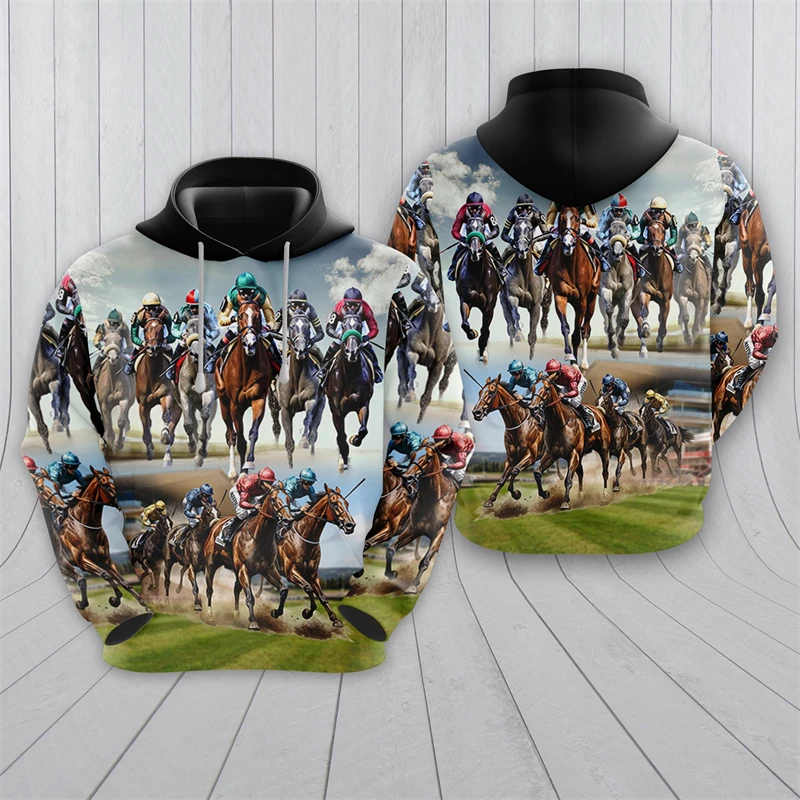 

Horse Racing Graphic Hoodies For Men Clothes Race Sweatshirts Fashion Animal Pullovers Casual Boy Streetwear Contest Male Hoody