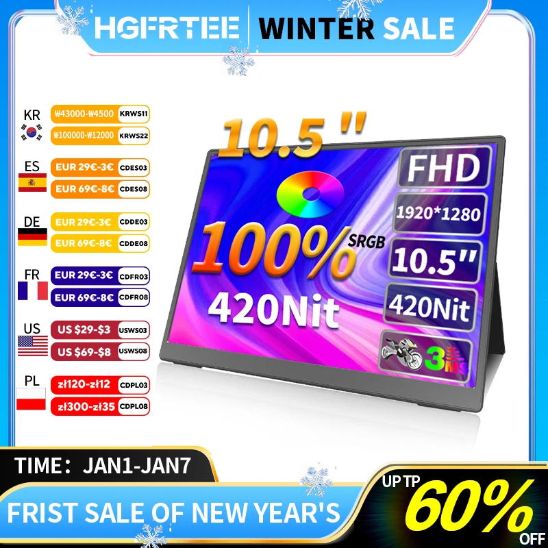 HGFRTEE 10.5 inch Portable Monitor 1280P IPS FHD 100% SRGB 1500:1 For Laptop Mac Xbox PS4/5 Switch Mini Display