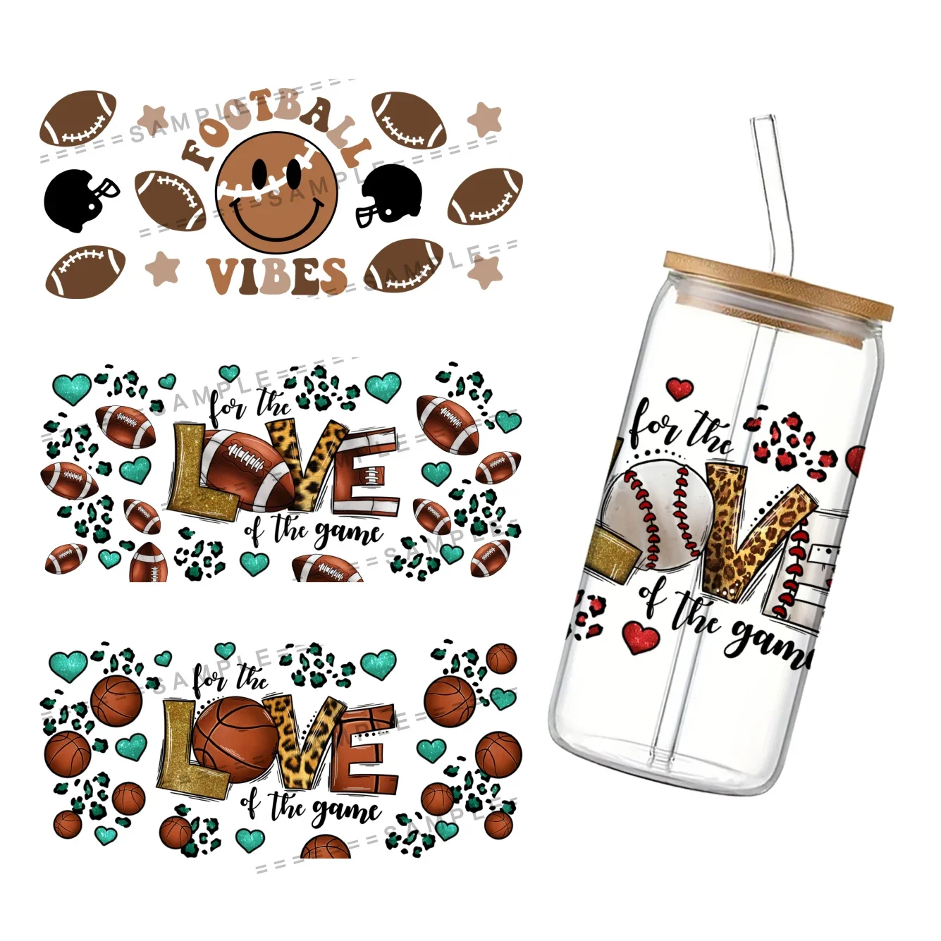 Ball Sports Game For Libbey 16oz Can Glass 3D Waterproof UV DTF Coffee Can Wrap Libbey Glass Wrap