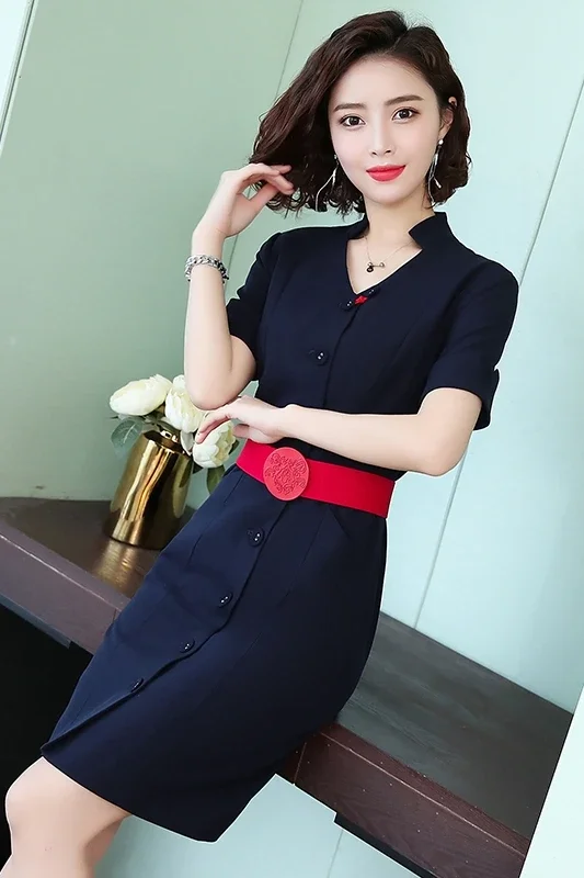 Новая летняя профессиональная униформа, платье с v-образным вырезом, тонкая косметологическая рабочая одежда с короткими рукавами, халат стюардессы во французском стиле
