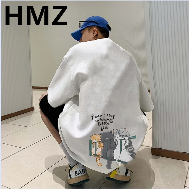 HMZ Summer Cotton T Shirt For Men 2023 Oversize Men Cotton T Shirts Men Casual T-shirt Cat Print Tshirt O-Neck Short Sleeve Man