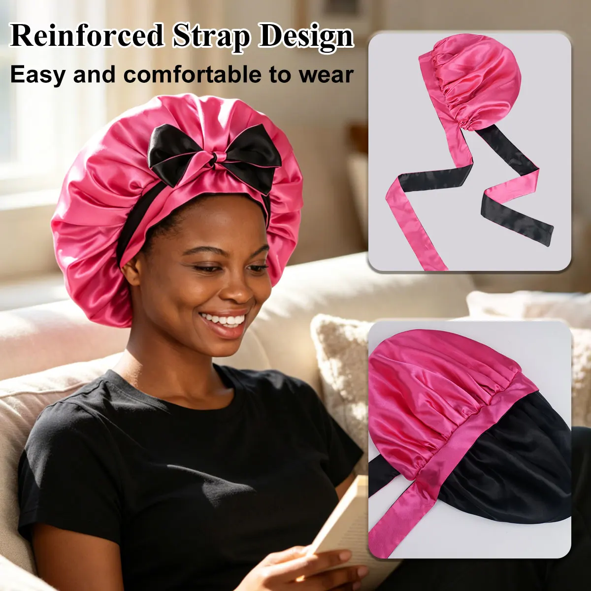 Double Layer Cap Adjustable Satin Bonnet for Sleeping with Tie Band - Hair Bonnet for Women And Men Suitable for All Hair Types