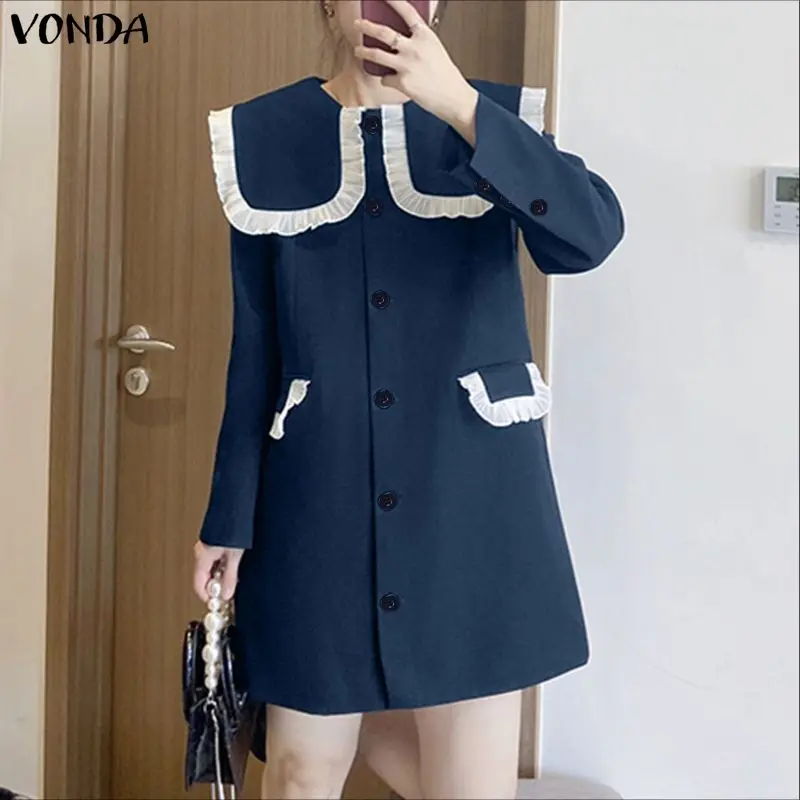 

VONDA элегантное женское мини-платье с воротником Питера Пэна, кружевное лоскутное повседневное платье с длинными рукавами, Vestidos 2026, весенняя мода, женский сарафан