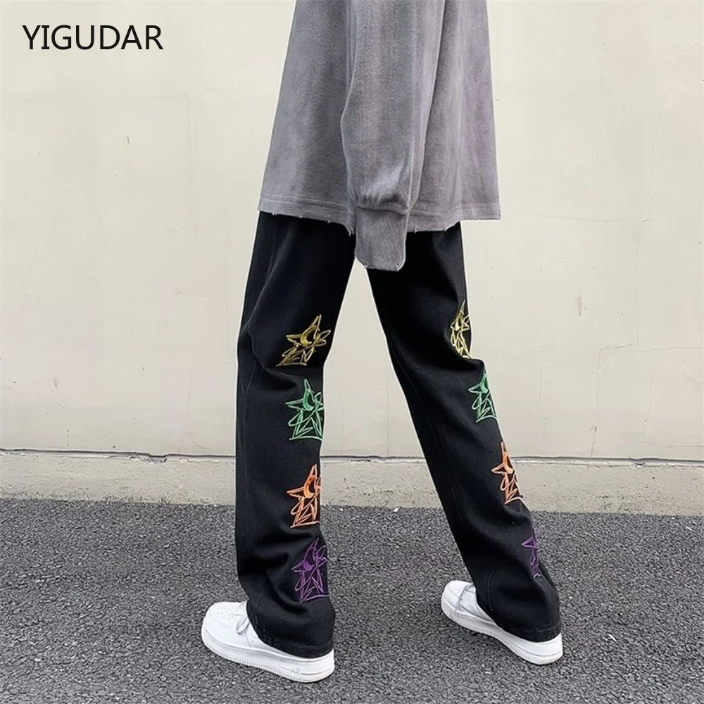 

Star Printed Jeans Men Loose Casual Black Denim Trousers Spring Autumn Male Clothes High Street Straight Hip-Hop Wide Leg Pants