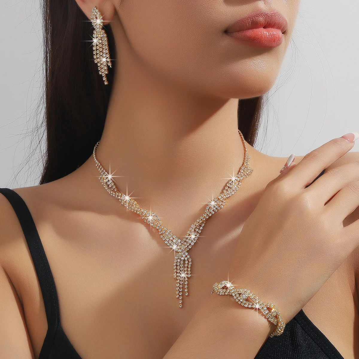 4PC Women's Fashion Copper Claw Chain Hollow Tassel Necklace Earrings Bracelet Jewelry Set Wedding Banquet Party Festival Gift