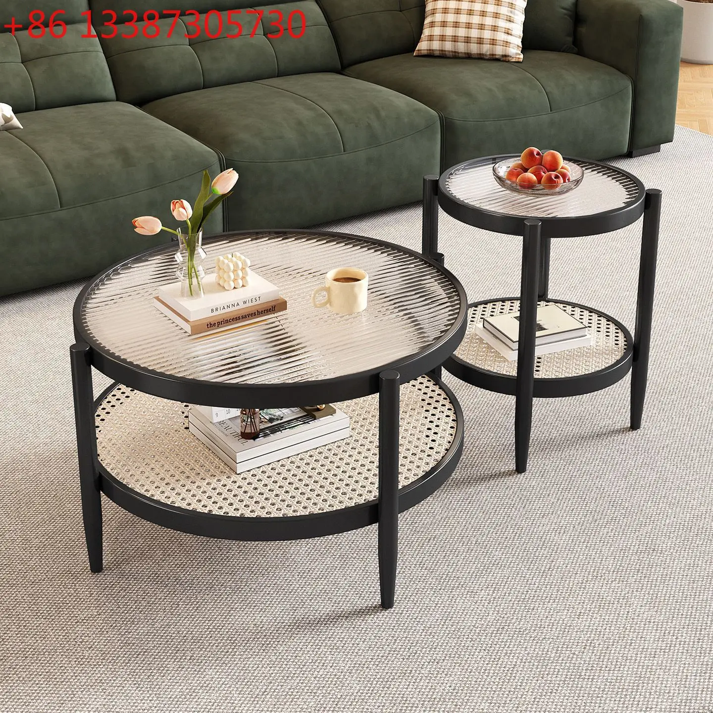 

Nordic rattan coffee table small apartment round double-layer Changhong glass living room home
