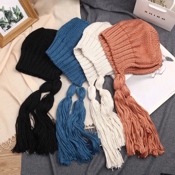 Autumn Winter Ear Protection Hat Women\'s Warm Knitting  Baotou Tassels Girl Outdoor Cute Hat Korean Japanese Students Blue