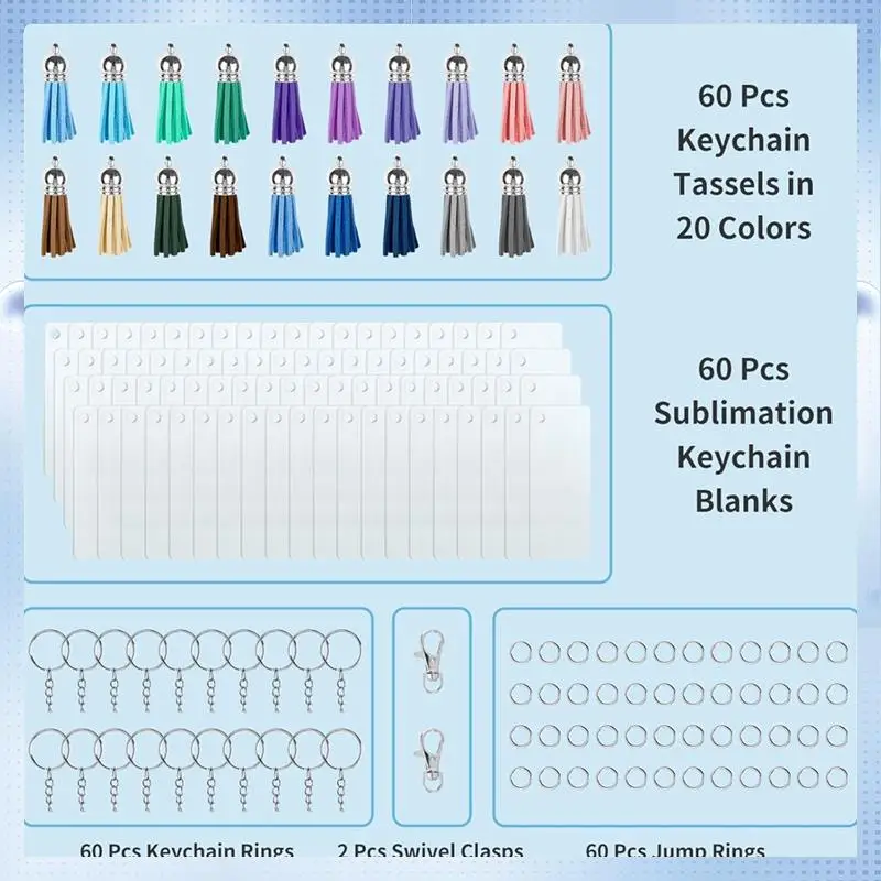 

AD-242 Pcs Sublimation Keychain Blanks Bulk, Double Sides 60 MDF Sublimation Keychains Blank With 60 Key Chains,Tassels