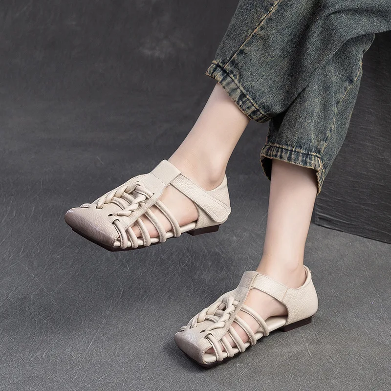 GKTINOO Literary Style Women Sandals 2024 Summer Woven Genuine Leather Square Toe Flat Sandals Women Lightweight Casual Shoes