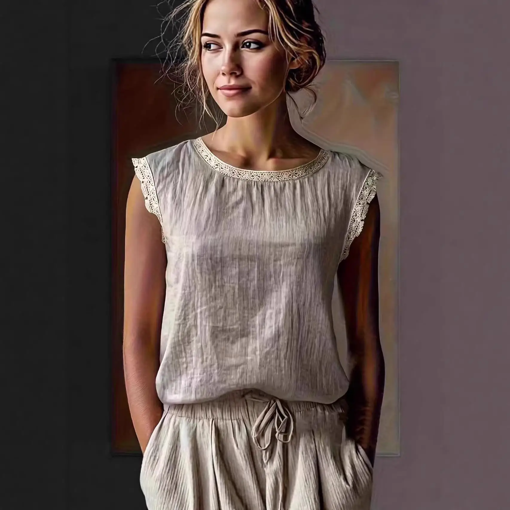 

Женская льняная блузка без рукавов с круглым вырезом и кружевными вставками, удобная, дышащая, для повседневной носки, однотонная, из легкой в уходе ткани