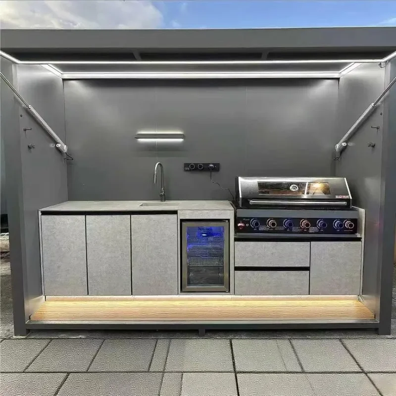 Weatherproof Anti-rustic Outdoor Kitchen Shed with Pizza Oven and Stainless Steel BBQ Pod Plug Powered European Plug Customized