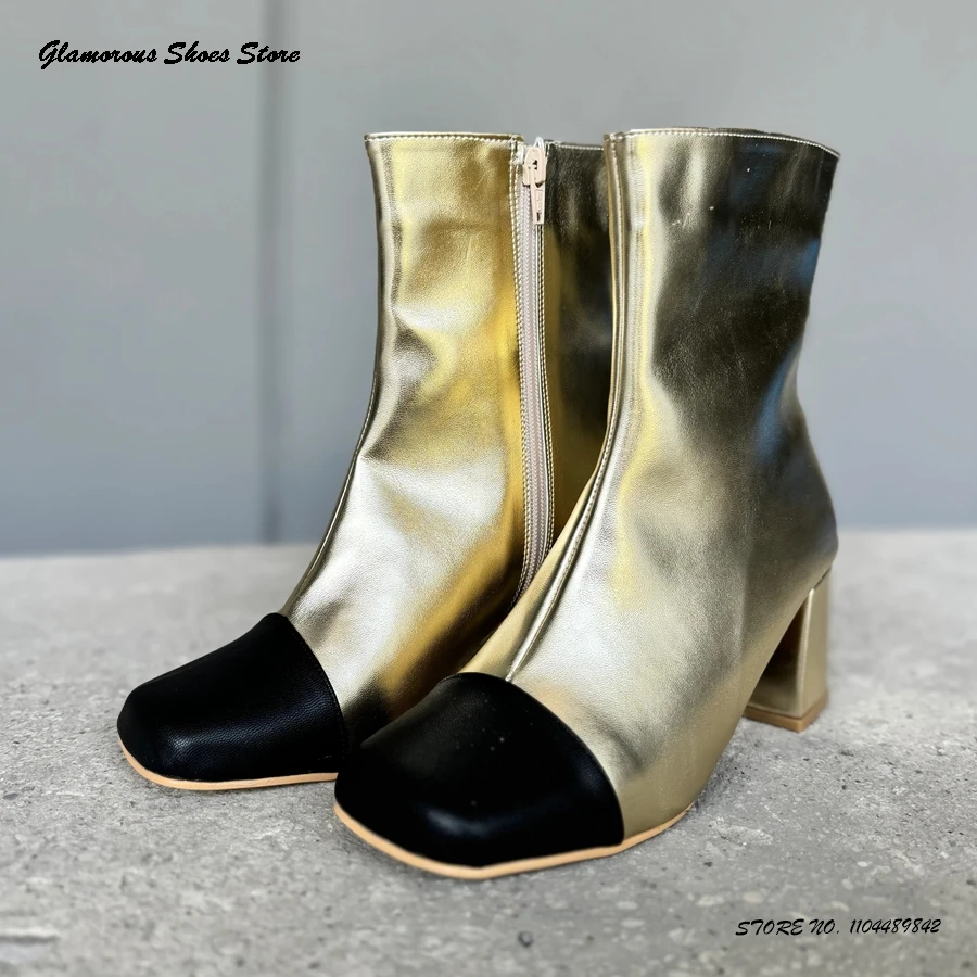 

Patchwork Metallic Leather Ankle Boots Women's Square Toe Chunky Heel Casual Shoes 2025 Spring Autumn Side Zipper Booties