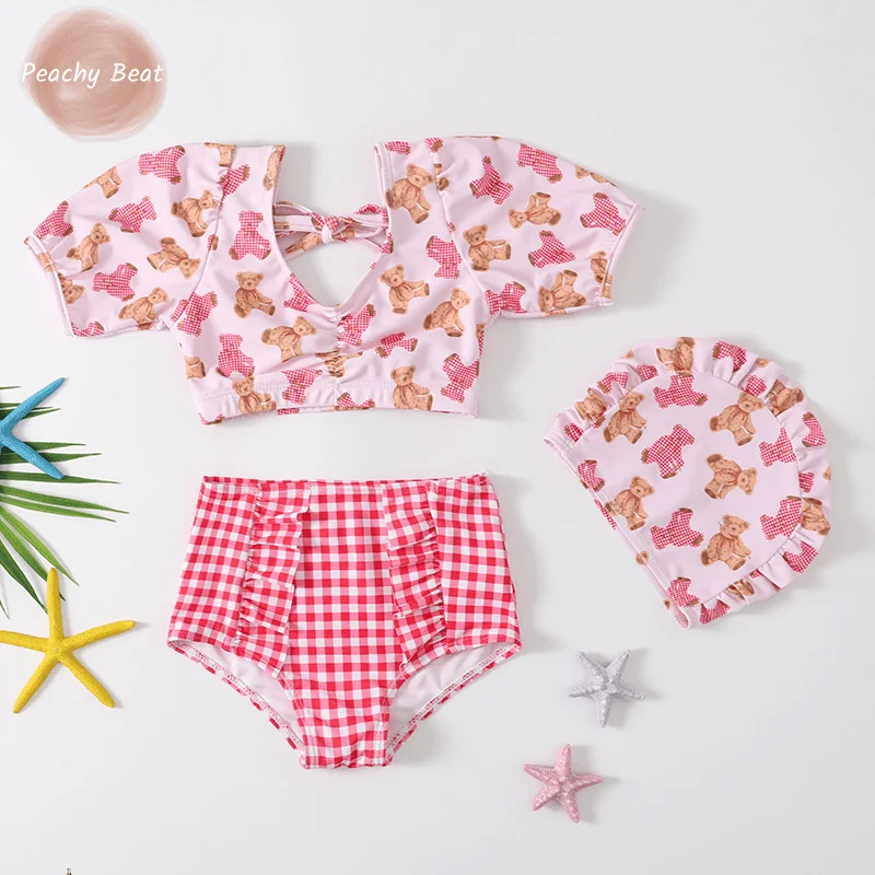

Baby Girl Swim Suit Top+Plaid Shorts+Cap 3PCS Infant Toddler Child Bear Print Swimwear Bathing Suit Summer Baby Clothes 1-12Y