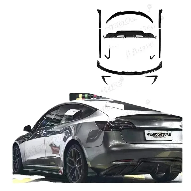 New VCT Model 3 Performance Bumper Kit Front Lip/Rear Wing/Diffuser/Skirt Spoiler Black/Carbon Fiber Pattern for