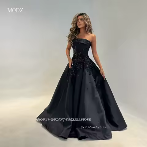 MODX 2026 Elegant Black Satin Evening Dresses Customized Sleeveless Women Party Dress Formal Celebrity Gowns Quinceanera Dress