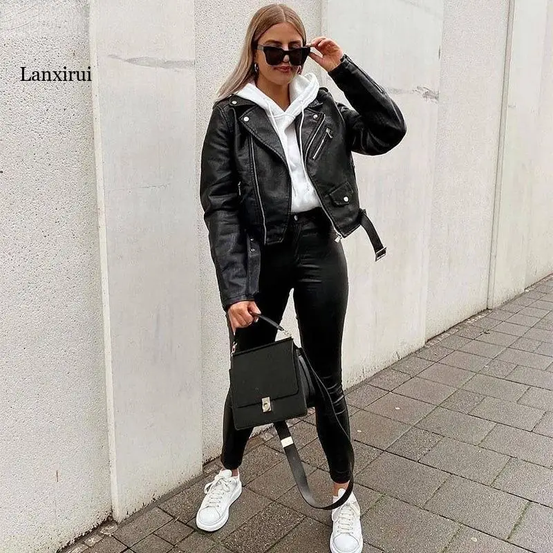 New Women Autumn Winter Black Faux Leather Jackets Zipper Basic Coat Turn-down Collar Motor Biker Jacket With Belt