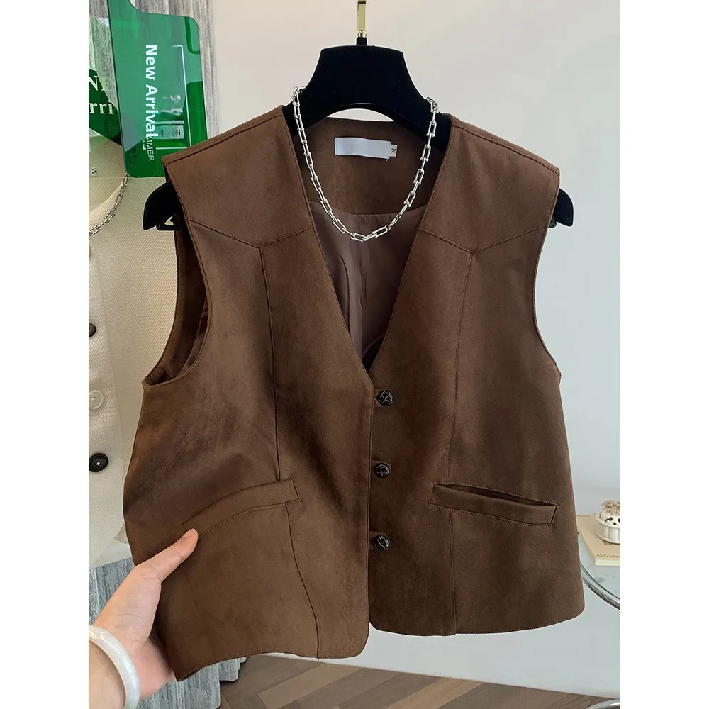 

Women's Suede Vest Brown V-neck Sleeveless Outerwear Top Spring Summer Small Size Layering No-sleeve Shoulder Pad Shirt