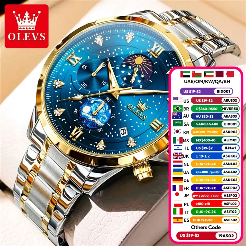 OLVES Moon Phase Men watch Stainless Steel Waterpoof Luminous Luxury Business Chronograph Quartz Wrist Watch for Men