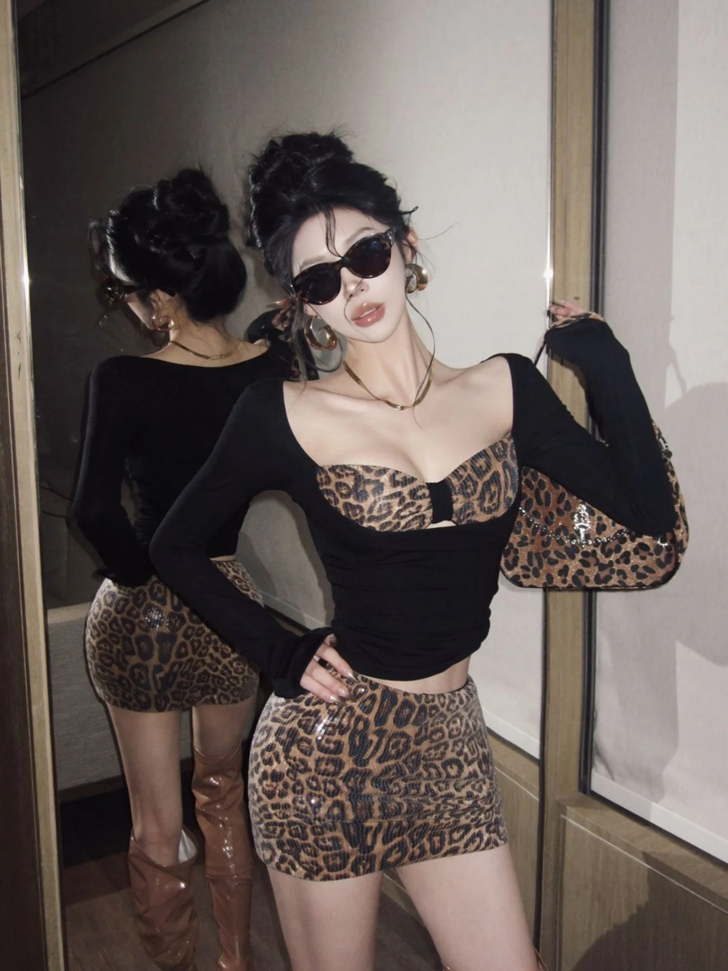 

Sexy Leopard Print Halter Neck Long Sleeve Dress Women's Autumn Winter Fashion Set High Waist Slim Fit Commute Style