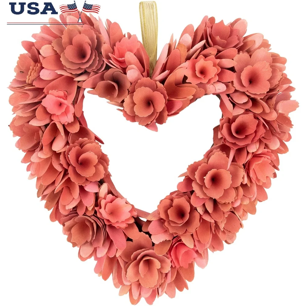

Valentine's Day Heart Wreath Wooden Floral Decoration Salmon Pink Home Centerpiece Gift Indoor Use Flat Back Design