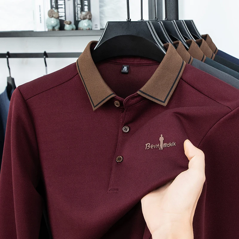 

Men's Polo Shirt Long Sleeve Luxury Brand Autumn Winter Lapel Collar Button Business Casual Classic Office Warm T-shirt Menswear